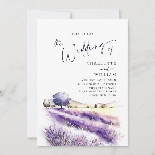 Invitation Mariage de champ Aquarelle violet Lavande Fleurs (Devant)