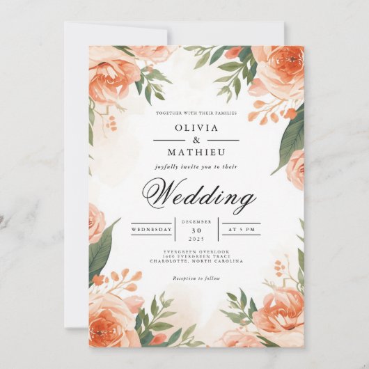 Invitation Mariage de charpente florale de corail (Devant)