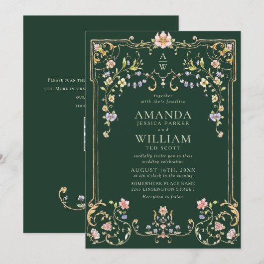 Invitation Mariage de charpente florale de Grace Orné Victori (Devant / Derrière)