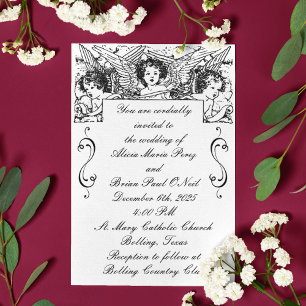 Invitation Mariage de Cherubs Victoriens Noir et Blanc