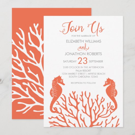 Invitation Mariage de cheval de mer de corail (Devant / Derrière)
