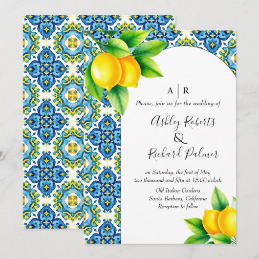 Invitation Mariage de citron bleu et jaune méditerranéen (Devant / Derrière)