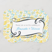 Invitation Mariage de citrons jaunes et de fleurs bleues Invi (Devant / Derrière)