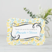 Invitation Mariage de citrons jaunes et de fleurs bleues Invi (Debout devant)