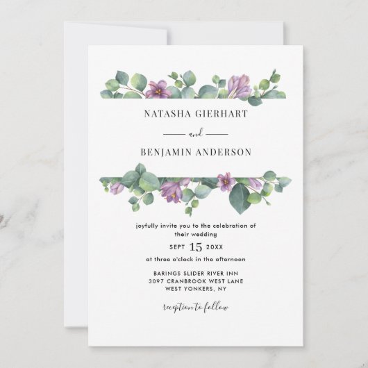 Invitation Mariage de code de l'Eucalyptus de verdure pourpre (Devant)