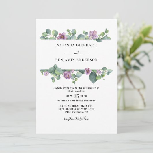 Invitation Mariage de code de l'Eucalyptus de verdure pourpre (Debout devant)