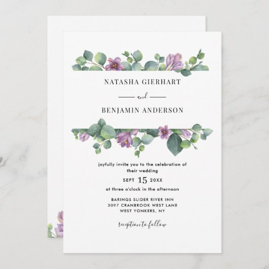 Invitation Mariage de code de l'Eucalyptus de verdure pourpre (Devant / Derrière)