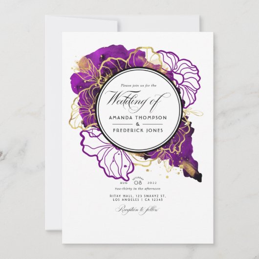 Invitation Mariage de code QR Abstrait violet et or (Devant)
