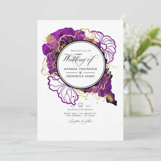 Invitation Mariage de code QR Abstrait violet et or (Debout devant)