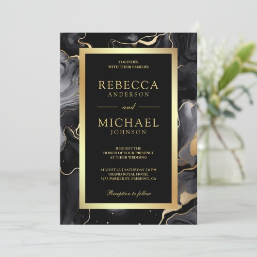 Invitation Mariage de code QR Black Gold Fluid Ink (Debout devant)