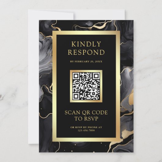 Invitation Mariage de code QR Black Gold Fluid Ink (Dos)