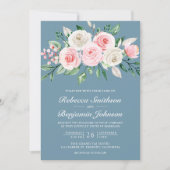 Invitation Mariage de code QR bleu bleu rose floral (Devant)