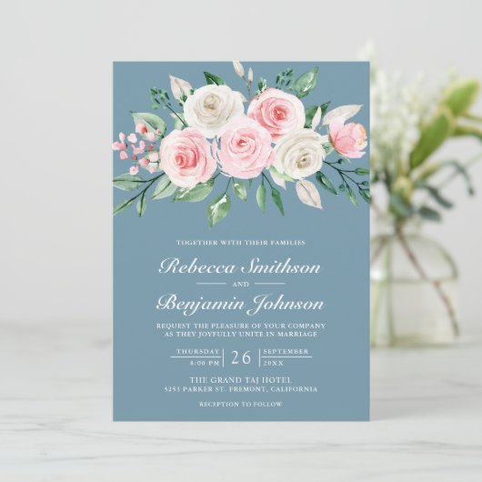 Invitation Mariage de code QR bleu bleu rose floral (Debout devant)