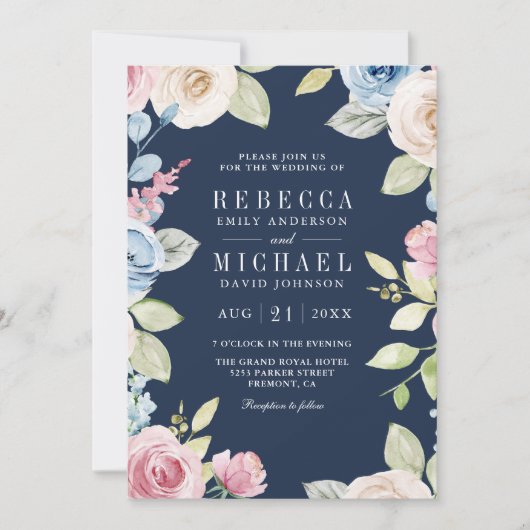 Invitation Mariage de code QR bleu marine de printemps doux (Devant)