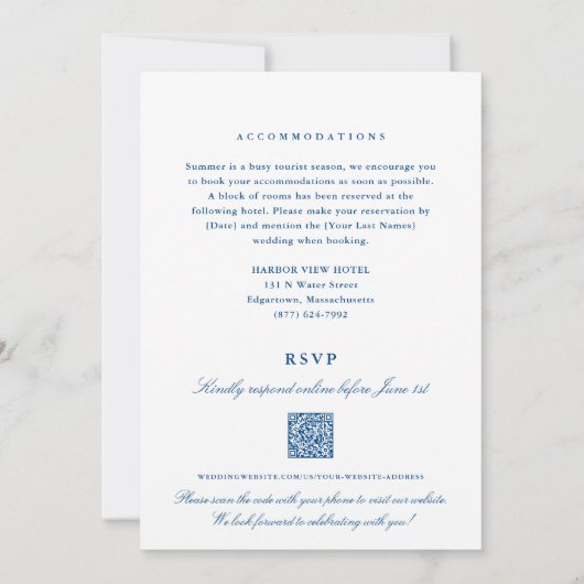 Invitation Mariage de code QR bleu marine tout-en-un d'Edgart (Dos)