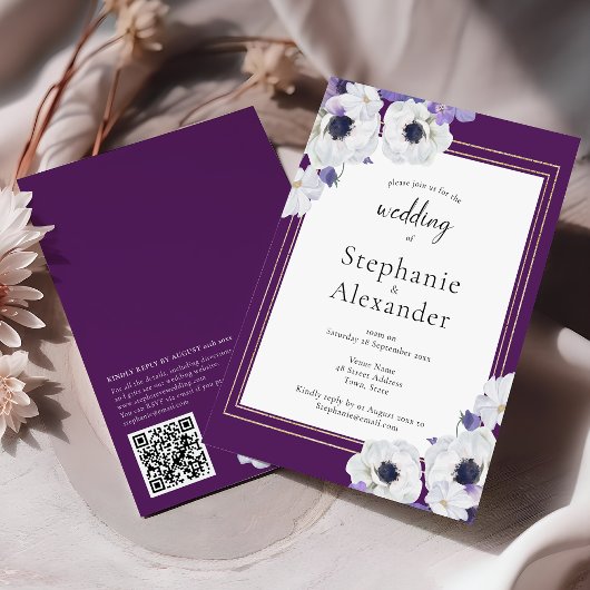 Invitation Mariage de code QR de cadre Floral Royal violet