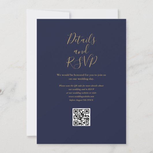 Invitation Mariage de code QR de code bleu et or marine (Dos)