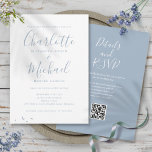 Invitation Mariage de code QR de code Dusty Blue Elegant<br><div class="desc">Avec des noms de style signature,  cette élégante faire-part de mariage bleue poussiéreuse peut être personnalisée avec toutes vos informations spéciales sur le jour de mariage sur le devant et vos détails de site Web mariage et le code QR au verso. Conçu par Thisisnotme©</div>