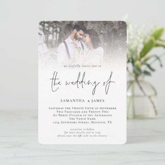 Invitation Mariage de code QR de la photo de script moderne (Debout devant)