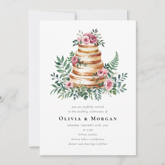 Invitation Mariage de code QR de roses roses Eucalyptus Cake (Devant)
