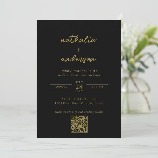 Invitation Mariage de code QR de script Black Moderne (Debout devant)