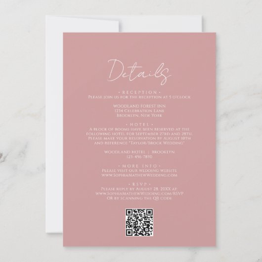 Invitation Mariage de code QR de script de bordure rose pouss (Dos)