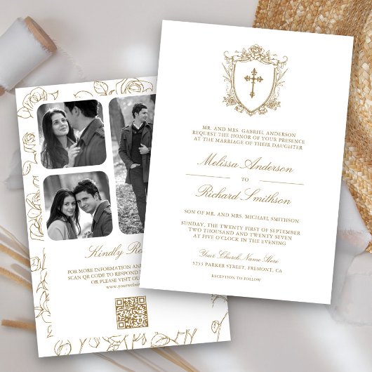 Invitation Mariage de code QR de Victoria blanc et d'or catho
