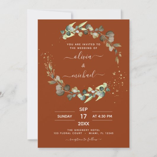 Invitation Mariage de code QR d'Eucalyptus tout en un orange  (Devant)