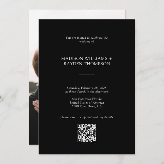Invitation Mariage de code QR du budget noir moderne (Devant / Derrière)