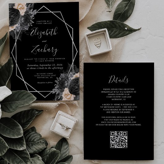 Invitation Mariage de code QR du cadre argenté noir de florai