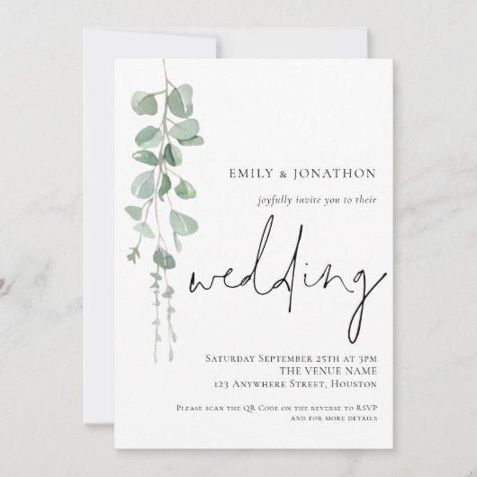 Invitation Mariage de code QR du script Eucalyptus moderne (Devant)