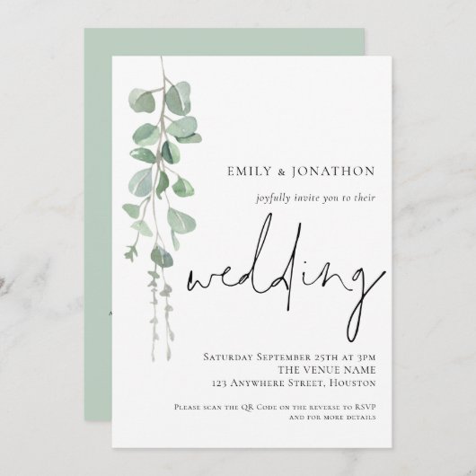 Invitation Mariage de code QR du script Eucalyptus moderne (Devant / Derrière)