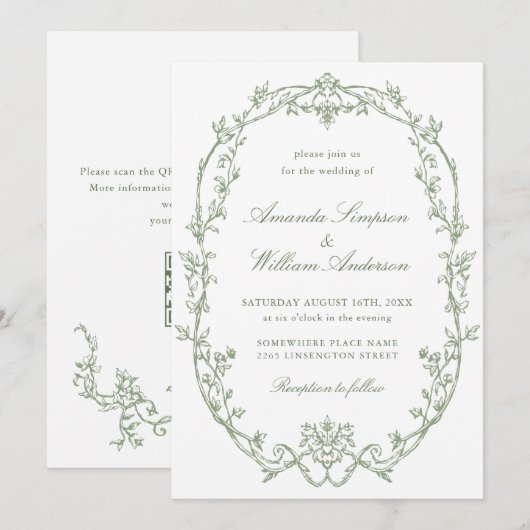 Invitation Mariage de code QR écologique de l'Orné victorien  (Devant / Derrière)