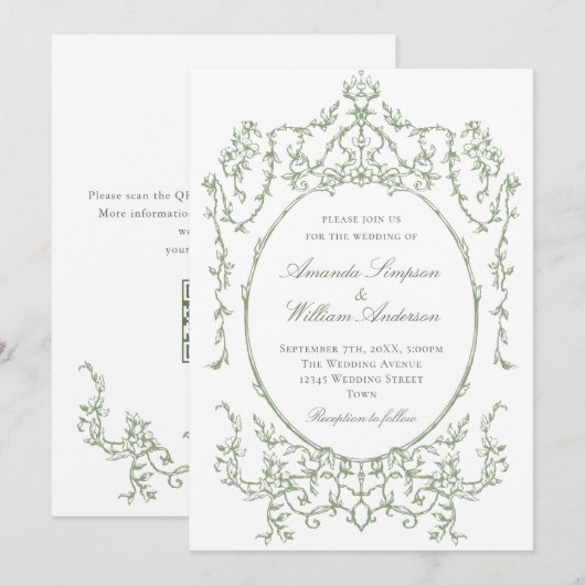 Invitation Mariage de code QR écologique de l'Orné victorien (Devant / Derrière)