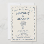 Invitation Mariage de code QR écrit bleu de la marine rétro (Devant)