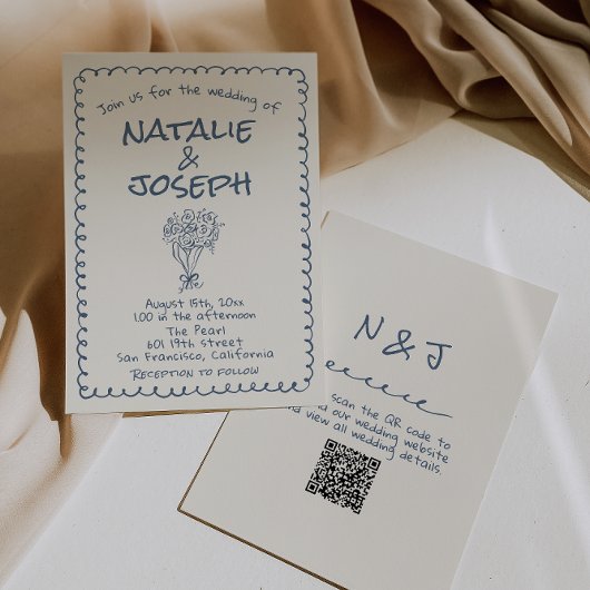 Invitation Mariage de code QR écrit bleu de la marine rétro