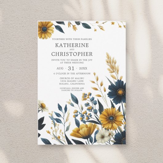 Invitation Mariage de code QR élégant Fleur sauvage jaune ble