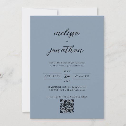 Invitation Mariage de code QR en bleu et noir Dusty (Devant)