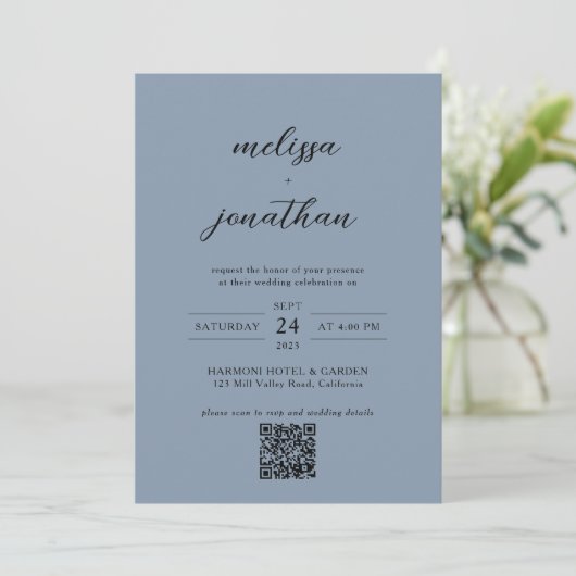 Invitation Mariage de code QR en bleu et noir Dusty (Debout devant)