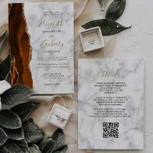 Invitation Mariage de code QR en marbre or orange brûlé