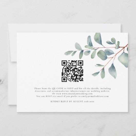 Invitation Mariage de code QR Eucalyptus de script moderne (Dos)