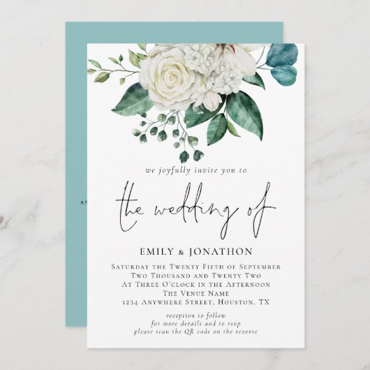 Invitation Mariage de code QR Eucalyptus Florals blancs (Devant / Derrière)
