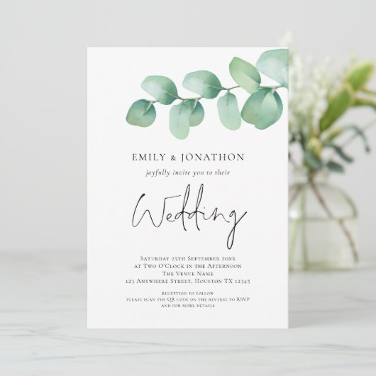 Invitation Mariage de code QR Eucalyptus moderne (Debout devant)