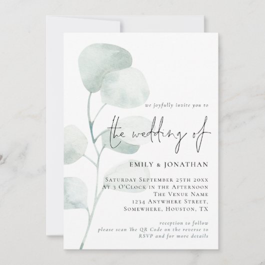 Invitation Mariage de code QR Eucalyptus Sage Elegant (Devant)