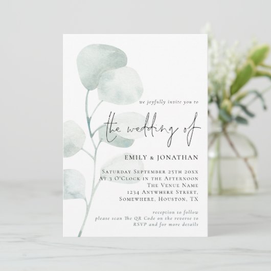 Invitation Mariage de code QR Eucalyptus Sage Elegant (Debout devant)