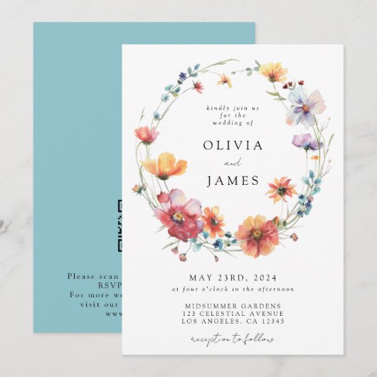Invitation Mariage de code QR Fleur sauvage aquarelle (Devant / Derrière)