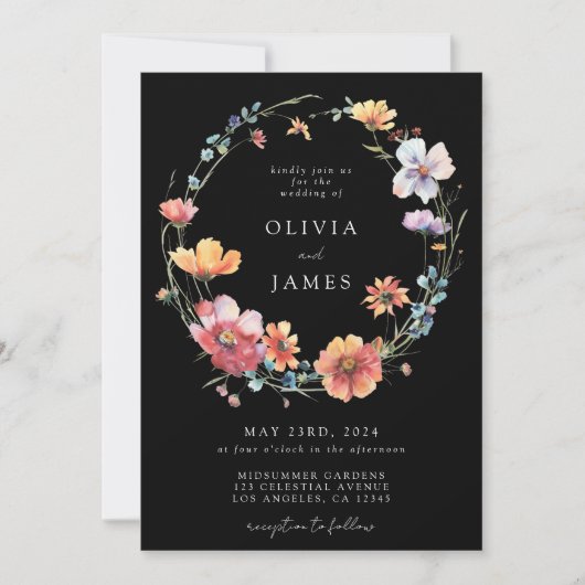 Invitation Mariage de code QR Fleur sauvage noir (Devant)