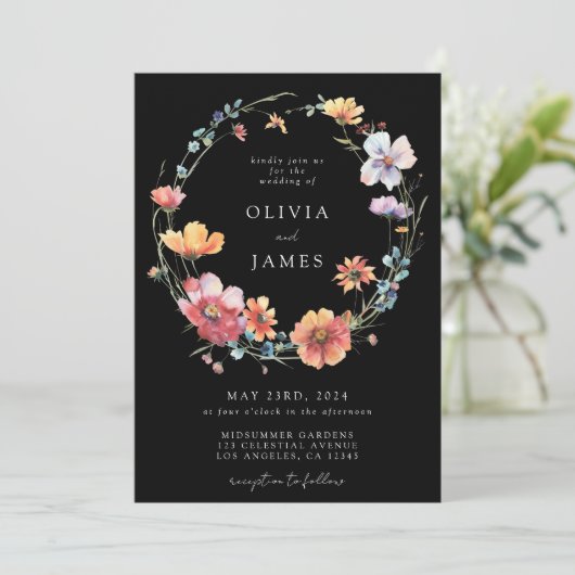 Invitation Mariage de code QR Fleur sauvage noir (Debout devant)