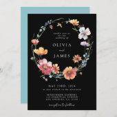 Invitation Mariage de code QR Fleur sauvage noir (Devant / Derrière)