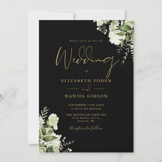 Invitation Mariage de code QR Floral Black and Gold (Devant)